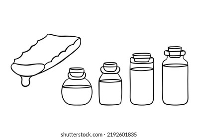 Collection of aloe vera plant slice with serum in a jar. Hand drawn cosmetology items in line style. Isolated vector illustration.	