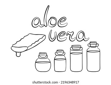 Collection of aloe vera plant slice with serum in a jar. Hand drawn cosmetology items in line style. Isolated vector illustration.