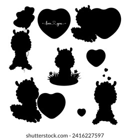 Collection Alpaca animal silhouettes. Llama with heart, balloons and in grass with flowers. Isolated black drawings. Vector illustration