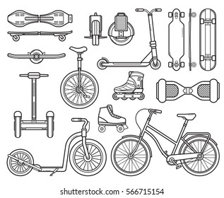 Collection of alternative city transport and urban wheels. Personal transportation gadgets. Electric scooters, balance boards, skateboards, bicycle and kick bike. Modern eco friendly vehicles set.