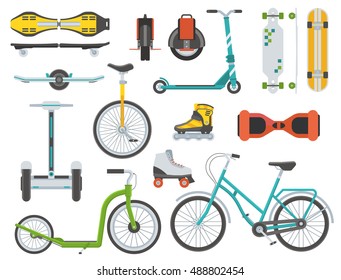 Collection of alternative transport. City wheels and bikes. Kick scooter, monowheel, bicycle, skateboard, longboard, gyroscooter, roller skates, balance board and seagway. Eco vehicles set.