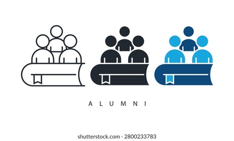 collection of alumni icons featuring group of people with book for academic community concepts