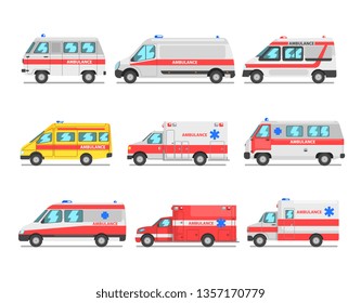 Collection of ambulance service cars, emergency medical vans vector Illustration on a white background