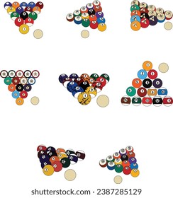 Collection of American billiard or billiard balls. Colored snooker balls have numbers and zero balls.  Billiards icon set. 