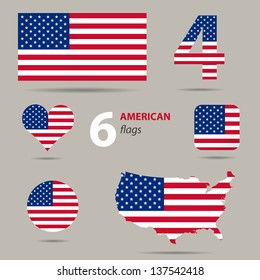 Collection of American flags in different shapes in vector