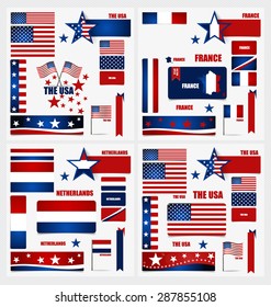 Collection of American Flags, France Flags, Netherlands Flags, Flags concept design. Vector illustration.