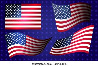 Collection of american flags moving in the wind in vector