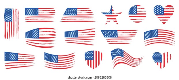 Collection of American flags of various shapes on a white background. Vector illustration. 