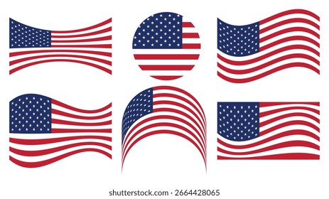 Sammlung von amerikanischen Flaggen in verschiedenen Stilen.