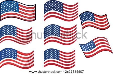 Collection of American Flags Waving in the Wind Vector Graphics