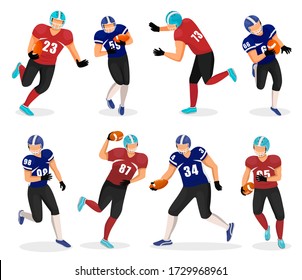 Collection of American football players. Isolated gridiron team members playing popular field game. atheletes in uniforms running with ball. Agressive kind of sports, tennagers hobby, vector in flat