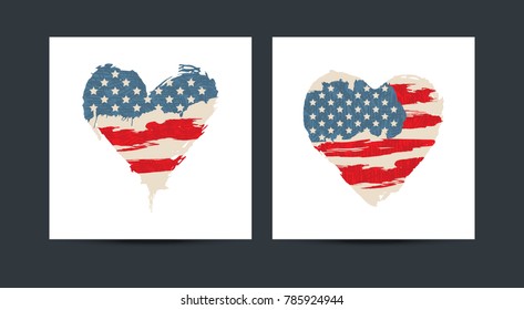 Collection of American hearts. Abstract American Flag, USA Colors, design for Independence Day, memory, print for T-shirts.