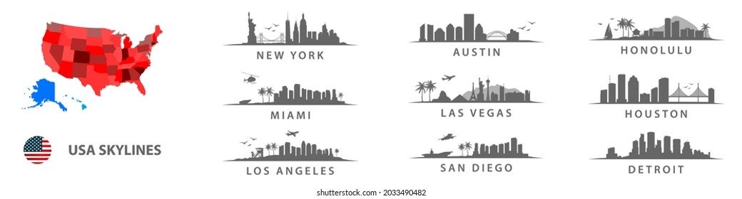 Collection of american skylines, big cities in USA, New York, Los Angeles, Detroit, San Diego, Honolulu, Houston, Austi