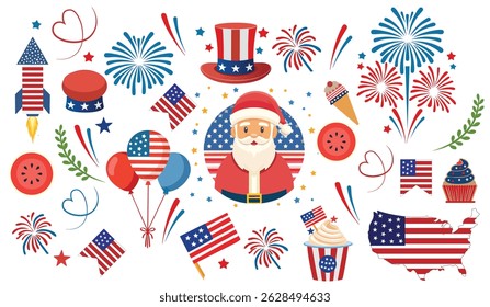  Uma coleção de ilustrações vetoriais com tema americano, apresentando elementos para o 4 de julho, Memorial Day e Independence day of USA