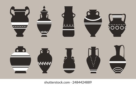 Collection of amphorae, depicted in vector. The set features ancient Greek amphora vases, varied in design and shape, on an isolated background. Ideal for themed decor or educational content.