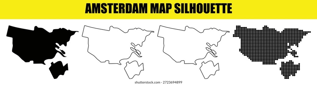 Coleção de silhuetas de mapa de Amsterdã em diferentes estilos, incluindo preto sólido, branco, contorno e versões pontilhadas, ideal para design gráfico diversificado e usos educacionais