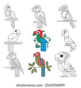 Collection of amusing tropical parrots, black and white vector illustrations in a cartoon style for a coloring book
