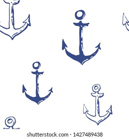 Collection of anchor ink doodles on white backdrop. Seamless pattern. Endless texture. Can be used for printed materials. Vacation holiday background. Hand drawn design elements. Festive print.