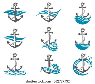 Collection of anchor symbol with sea waves. Vector illustration