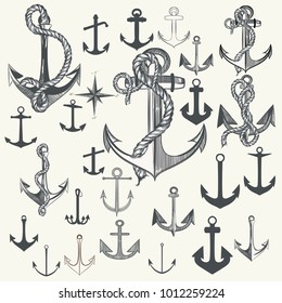 Collection of anchors, labels for logotype or print design in vintage style. Hand drawn set