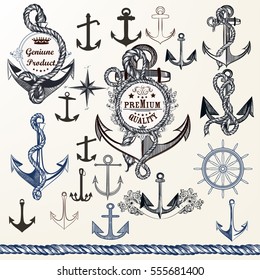 Collection of anchors, labels for logotype or print design in vintage style. Hand drawn set