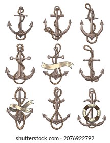 Collection of anchors with rope. Sketch engraving icons vector illustration. Hand drawn print design image. Nautical symbols in vintage style. Retro drawing