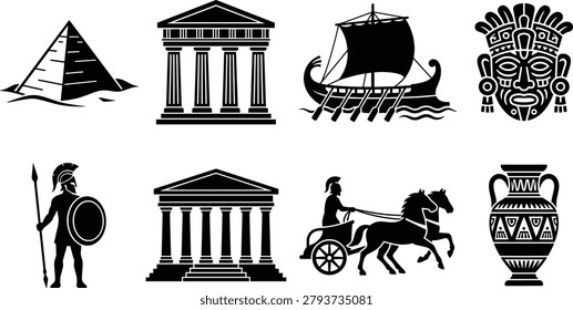 Collection of ancient civilization and classical history icons featuring a pyramid, temples, warrior, sailing ship, chariot, ceremonial mask, and decorative vase. Ideal for educational materials, historical projects, travel content, infographics, and cultural heritage designs.
