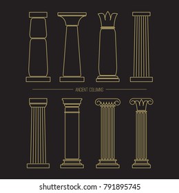 Collection of ancient columns on the black for your design. Vector flat illustration. 