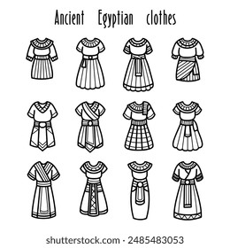 Colección de diseños de vestuario egipcio antiguo, contornos negros y estilo de arte lineal, moda tradicional, Ilustración vectorial.