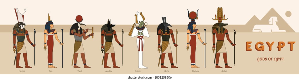 A collection of ancient Egyptian gods. Horus, Isis, Thoth, Anubis, Osiris, Khnum, Hathor and Sobek.
