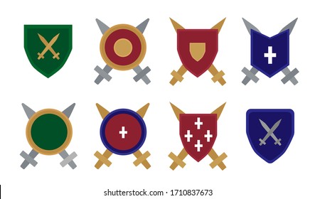 Collection of ancient flat shields and swords. Vector illustration for video games, mobile apps, medieval posters, books, cards