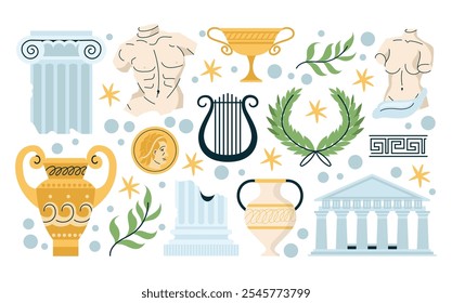 Collection of ancient Greek symbols and artifacts columns, amphorae, busts, laurel wreaths, lyre. Flat vector illustration isolated on background. Greek culture and history architecture