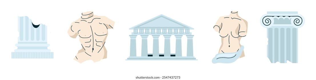 Collection of ancient Greek symbols and artifacts columns, amphorae, busts, laurel wreaths, lyre. Flat vector illustration isolated on background. Greek culture and history architecture