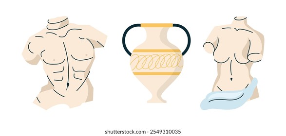 Collection of ancient Greek symbols and artifacts columns, amphorae, busts, laurel wreaths, lyre. Flat vector illustration isolated on background. Greek culture and history architecture