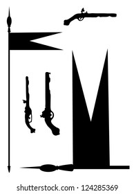 Collection of ancient guns and copies with a flag