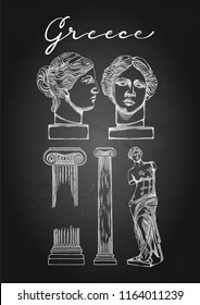 Collection of ancient ionic order columns and sculptures of Venus de Milo. Front and side views. Vector art in engraving technique.