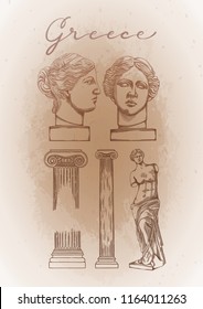 Collection of ancient ionic order columns and sculptures of Venus de Milo. Front and side views. Vector art in engraving technique.