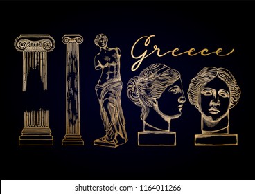 Collection of ancient ionic order columns and sculptures of Venus de Milo. Front and side views. Vector art in engraving technique.