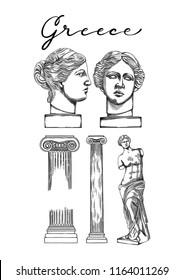 Colección de antiguas columnas de orden iónico y esculturas de Venus de Milo. Vistas frontales y laterales. Arte vectorial en la técnica de grabado. Diseño de páginas de libros para adultos y niños