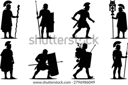 A collection of ancient Roman soldier silhouettes featuring guards, legionaries, standard bearers, and warriors equipped with shields and spears. Perfect for historical illustrations, military-themed designs, educational resources, logos, posters, and vector projects.
