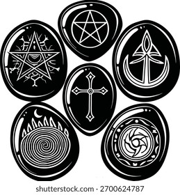 A collection of ancient stone amulets, featuring mystical symbols and tribal designs, perfect for fantasy or historical themes.