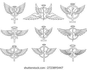 Una colección de diseños de alas de ángel, cada uno incorporando un halo y un símbolo único, creando una mezcla de espiritualidad y expresión artística.
