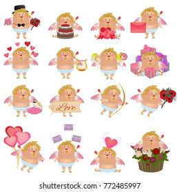 Collection of angels or cupids for St. Valentine's Day. Hearts, envelopes, wings, gifts, bouquets of flowers and balloons. Love. Cute vector character, isolated on white background