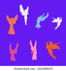 Collection of angels of different colors, silhouette on blue background, vector