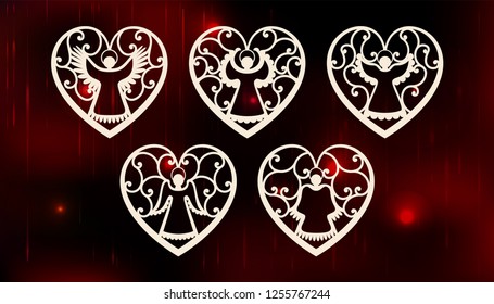 Collection of angels. Laser cut design for Christmas, Valentine's day, wedding. A set of templates silhouette cut elements to create a festive decor. Vector illustration.