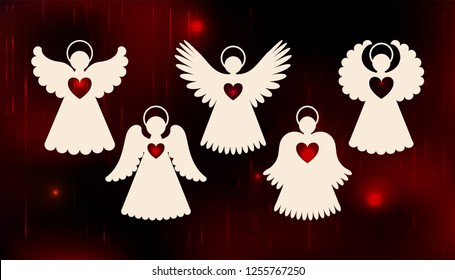Collection of angels. Laser cut design for Christmas, Valentine's day, wedding. A set of templates silhouette cut elements to create a festive decor. Vector illustration.