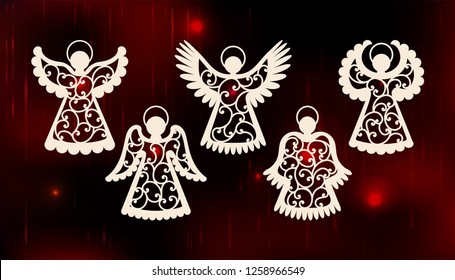 Collection of angels. Laser cut design for Christmas, Valentine's day, Easter, wedding. A set of templates silhouette cut elements to create a festive decor. Vector illustration.