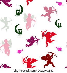 Collection of angels silhouettes, seamless pattern for Valentine Day, on white background, vector