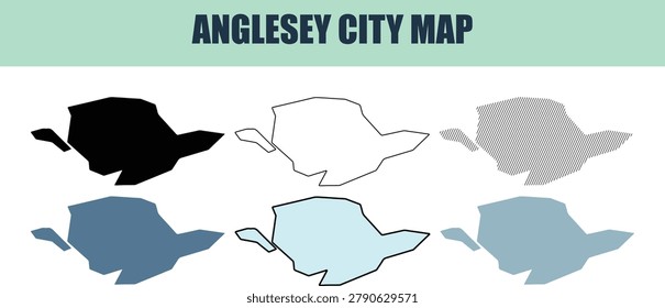 A collection of Anglesey city map shapes presented in solid filled outlined and patterned styles. Offers versatile graphic elements for location branding and data visualization.