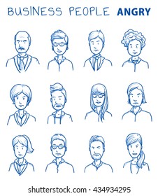 Collection of angry business people. Set of various dissatisfied, enraged men and women in business clothes, mixed age expressing negative emotions. Hand drawn line art cartoon vector illustration.